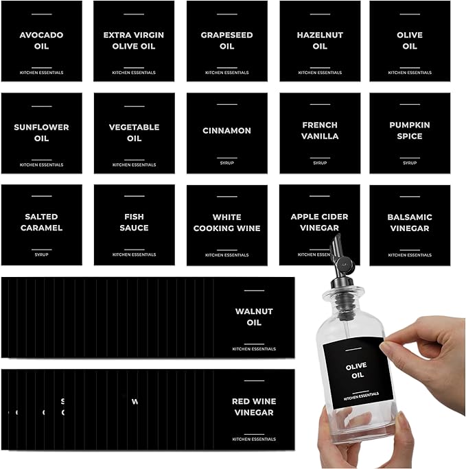 Olive Oil & Coffee Syrup Labels for Bottles - 2.5" x 2.5" Waterproof Kitchen PVC Sticker Labels for Oils, Coffee Syrups, Vinegars, Sauces, Cooking Wines, Condiments - Minimalist Black, 61pcs