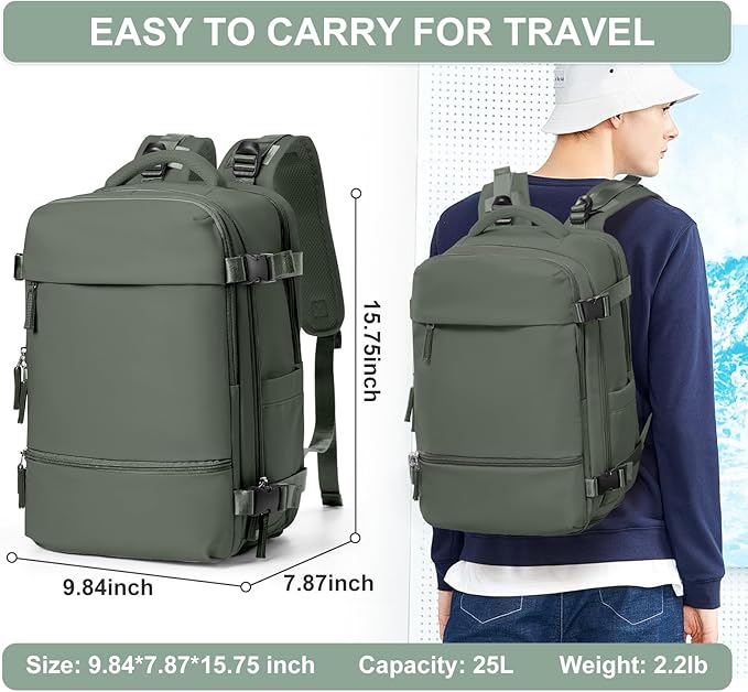 Travel Backpack Simple Durable Carry On Backpack with Shoe Compartment, Personal Item Travel Bag Flight Approved, Water Resistant Laptop Backpack for Women Men Weekender Business, Sage Green