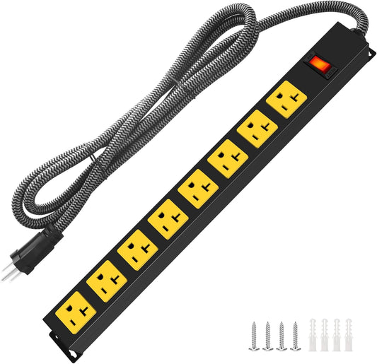 20Amp Power Strip Surge Protector, Long Metal 8-Outlets with Heavy Duty 20 amp 6Ft 12 Gauge Extension Cord for Garage Workshop & Industrial Use, 1200J