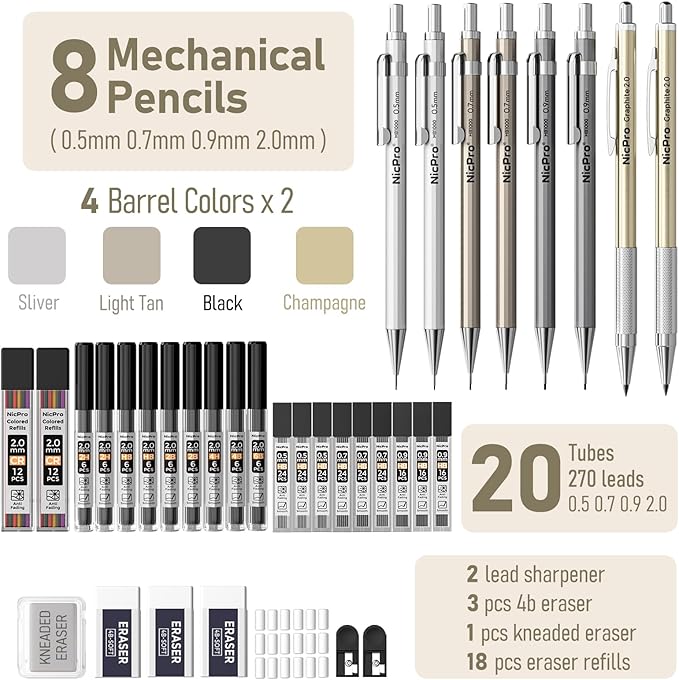 Nicpro 37PCS Metal Mechanical Pencil Set, 8PCS Drafting Pencil 0.5, 0.7, 0.9 mm & 2mm Lead Pencil Holder For Sketching Drawing With 20 Tube (6B 4B 2B HB 2H 4H Colors) Lead Refill Eraser -With Case