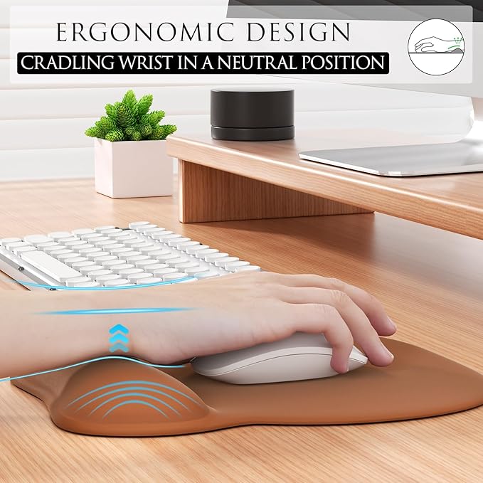 MROCO Ergonomic Mouse Pad with Gel Wrist Rest, Comfortable Mousepad with Smooth Wrist Support Surface and Non-Slip PU Base for Pain Relief, Computer, Laptop, Office & Home, 9.4 x 8.1 in, Coffee Brown