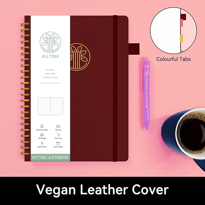 Alltree Spiral Dot Grid Notebook Journal, Dotted Paper Notebook for Work, Medium A5, Spiral Notebook with Pen Loop, Pocket, 160 Pages, Journal for Women, Burgundy(6"x8.5")