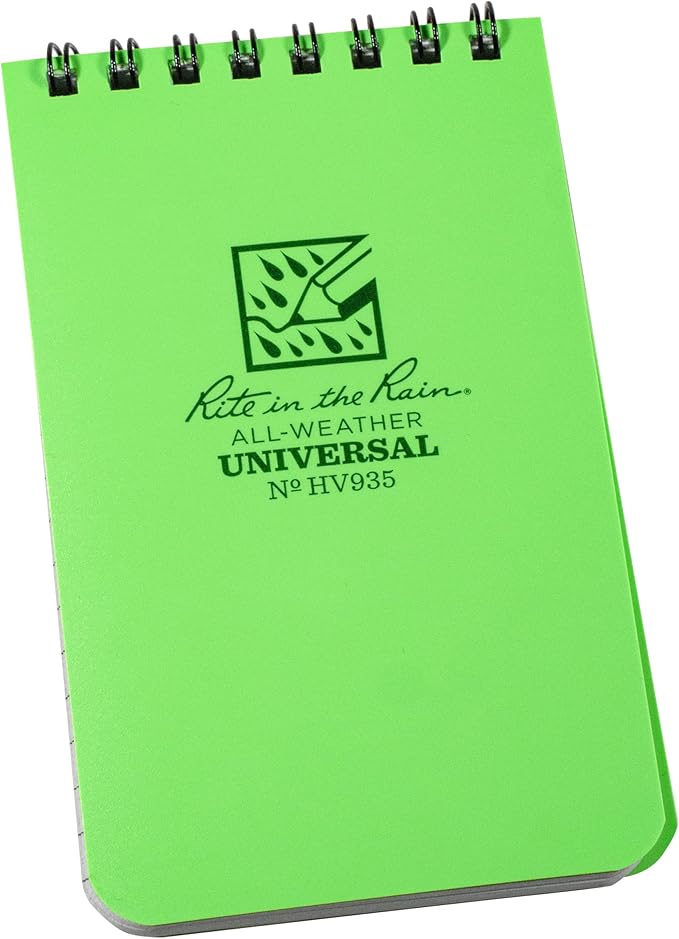 Rite in the Rain Florescent Top Spiral Notebook, 3” x 5”, Hi Vis Green Cover, Universal Page Pattern, 3 Pack (No. HV935-3)