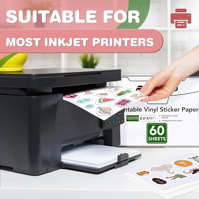 60 PCS Printable Vinyl Sticker Paper for Inkjet Printer & Laser Printer,Standard Letter Size 8.5"x11",Waterproof Sticker Paper Dries Quickly Vivid Colors,Matte White