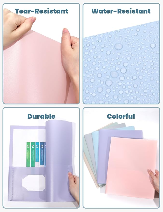 SUNEE Folders with Pockets (6 Pack, Pastel Colors), Plastic Folders with Pockets, Poly Folders for Documents Letter Size, 2 Pocket Folders for Kids, Home, School, Office