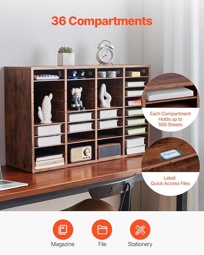 VEVOR Literature Organizer, 36 Compartments Office Mailbox with Removable Shelves, Wood Mailbox Sorter Particle Board Office Home Classroom Storage, File Sorter for File, Document, Paper, Retro Brown