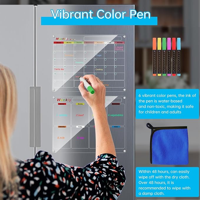 Fridge Calendar Meal Planning Board, Dry Erase Acrylic Magnetic Monthly Weekly Calendar Planner for Refrigerator with 6 Colors Markers (Transparent-Weekly+Monthly(15.7x11.8"))