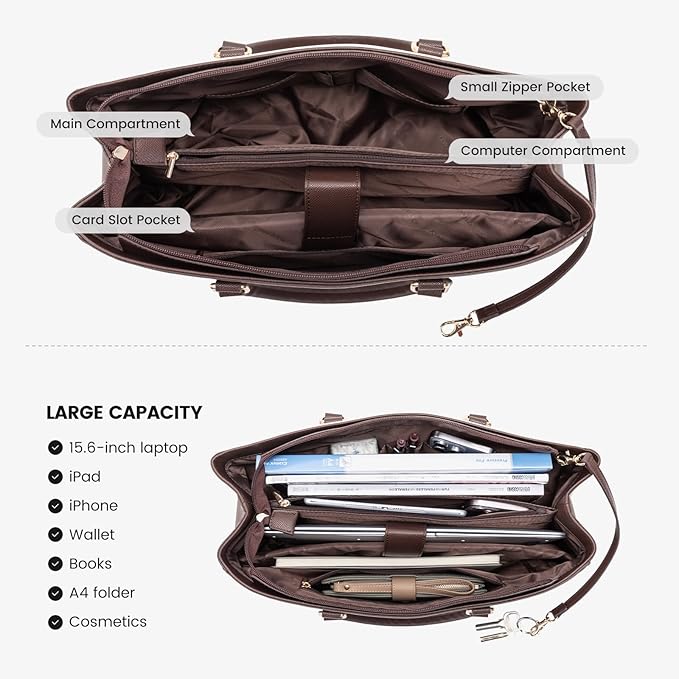 LOVEVOOK Laptop Tote Bag for Women, Office Work Bag Briefcase fit for 15.6 inch Laptop, Large Capacity Teacher Computer Bag Handbag Coffee/Brown/Beige