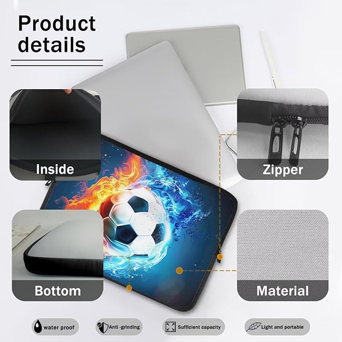 Water and Flame Football Laptop Sleeve for Boys Men 15 inch Lap Top Case Portable Laptop Protector Zippered Pouches with Humanize Design Computer Carrying Case Soccer Briefcase
