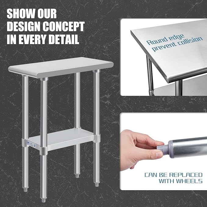 Hally Stainless Steel Table for Prep & Work 24 x 12 Inches, NSF Commercial Heavy Duty Table with Undershelf and Galvanized Legs for Restaurant, Home and Hotel