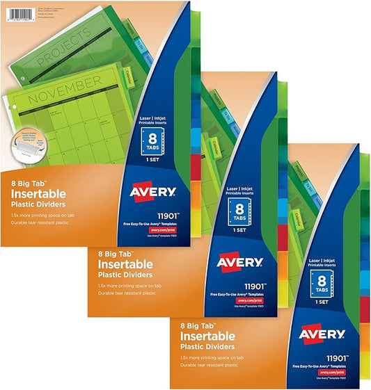 Avery Dividers for 3 Ring Binders, 8-Tab Binder Dividers, Plastic Binder Dividers, Insertable Big Tabs, Multicolor, 3 Sets (71901)