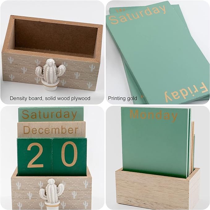 Notakia Perpetual Calendar, Wooden Calendar for Home Office Desk Accessories Vintage Wood Block Calendar(Green)