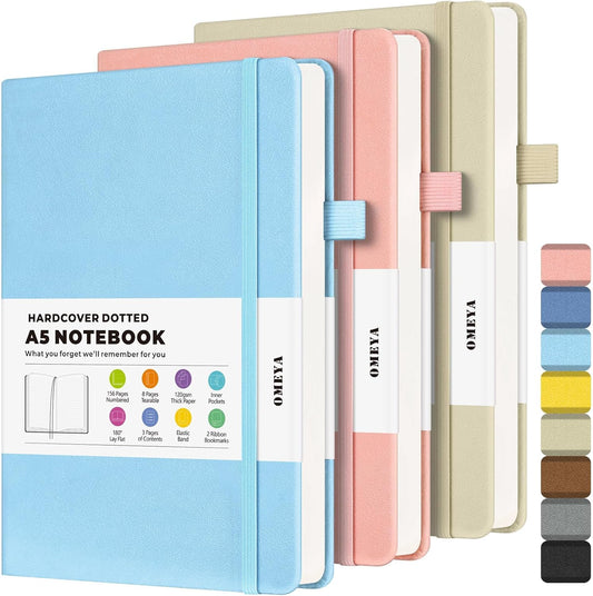 Dotted Journal Notebook 3 Pack, A5 Hardcover Notebook with 120gsm Thick Dotted Paper, Leather Journals for Women, Men, Dot Grid Notebook Journal for Writing, Notebooks for Work, School, 5.75" × 8.38"