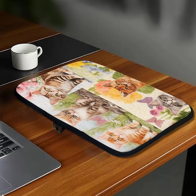 Cat Floral Printed Computer Case Bag for Girls Boys, Washable 10 Inch Laptop Bag Carrying Case Cute Laptop Briefcase Neoprene with Zipper, Compatible with Various Computers