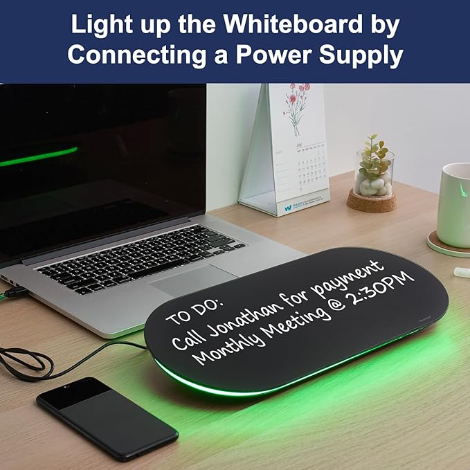 TSJ OFFICE Glass Desktop Whiteboard - 17 X 7 Inches Small Dry Erase Board with Green Light, Black Glass White Board Surface Notepad with 1 Drawer, Desk Organizers for Office, Home, School Supplies