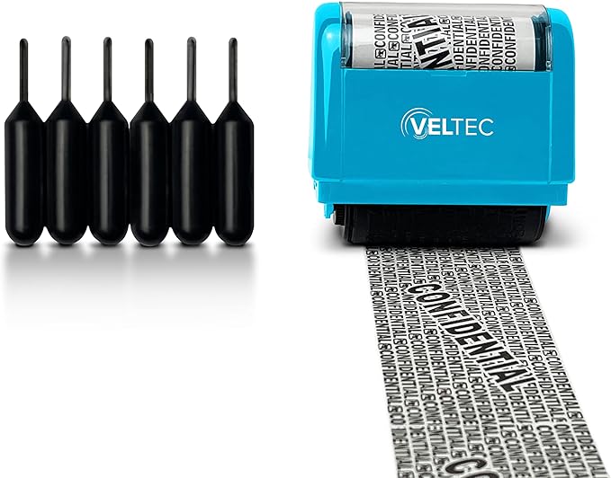 Veltec ID Protector Ink Roller - Identity Theft Protection Roller Stamp Set (Blue, Stamp+6 Refills)