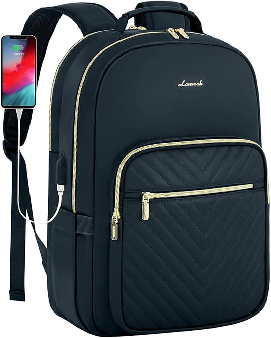 LOVEVOOK Leather Backpack for Women,15.6 inch Leather Laptop Backpack Women Computer Backpack Laptop Bag,Stylish Quilted Travel Backpack Purse Work Bag Teacher Backpack with USB Port,Dark Blue-green