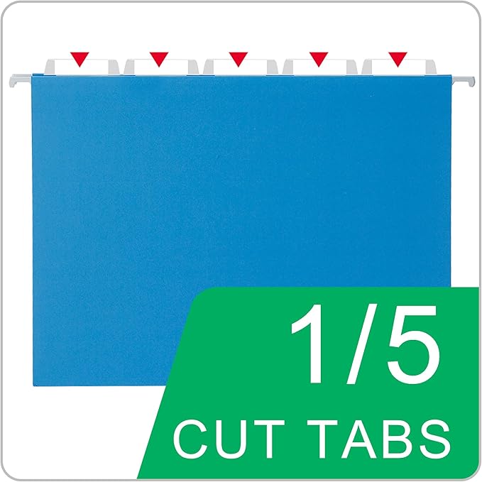 25 Packs Hanging File Folders,Blue Letter Size File Folder,Designed for Bulky Files,Filing Cabinet,1/5 Adjustable Cut Tabs for Office,School,Home
