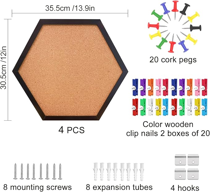 EVNEED 4 Pack Cork Bulletin Board Hexagon, Small Framed Corkboard Tiles for Wall, Thick Decorative Display Boards for Home School Office Decor, Hex Cork Board with 16 Push Pin Wood Clips,Black