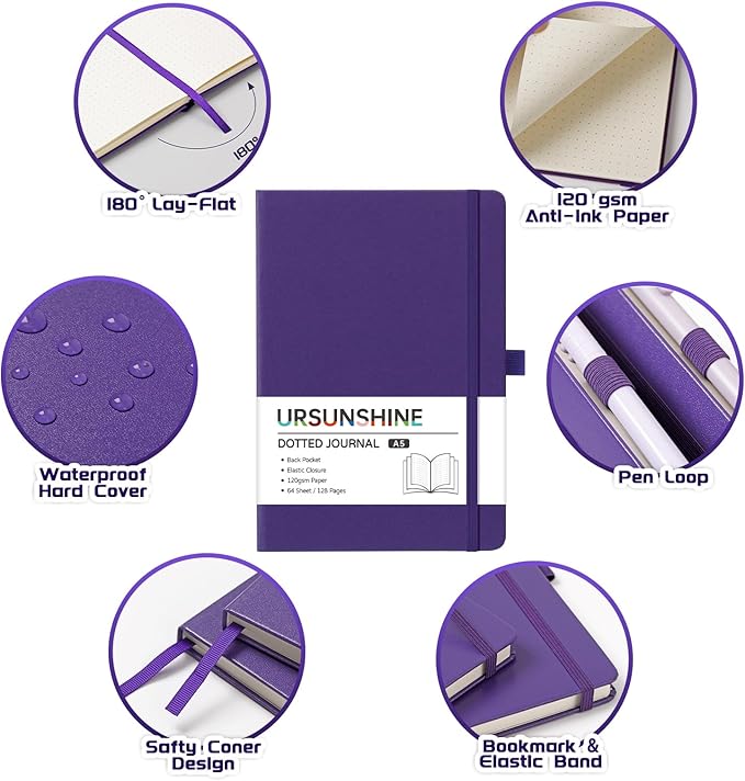 Dotted Journal/Notebook - Dot Grid Hard Cover Notebook, Premium Thick Paper with Fine Inner Pocket, Black Smooth Faux Leather, Pen Loop, 5.3'' x 8.26'' - Periwinkle