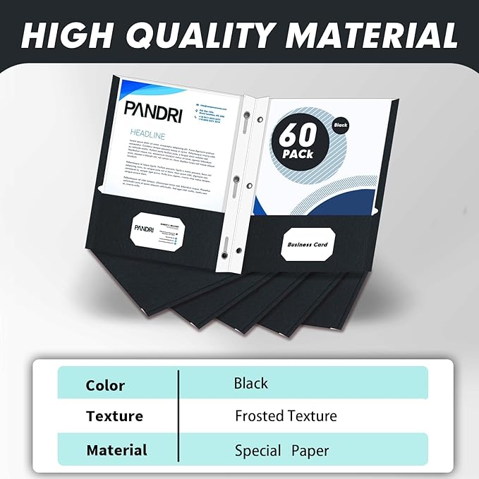 Two Pocket Folders, PANDRI 60 Pack Two Pocket Folders with Prongs, 3 Prong Folders Designed for Office and Classroom, Letter Size Black