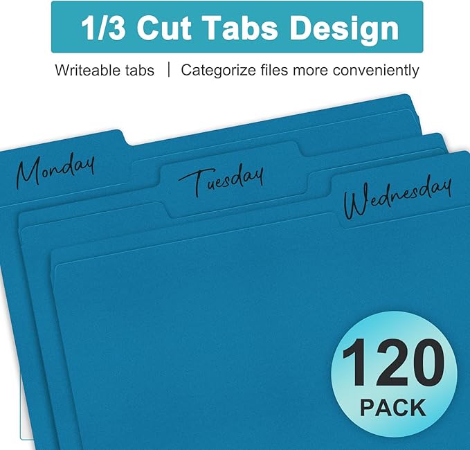 ViVin File Folders, Fits 8.5 x 11 Letter Size Paper, 1/3-Cut Tabs, 120 Pack Manilla Colored File Folders, Perfect for Home, Office, and School Documents File Paper(Blue)