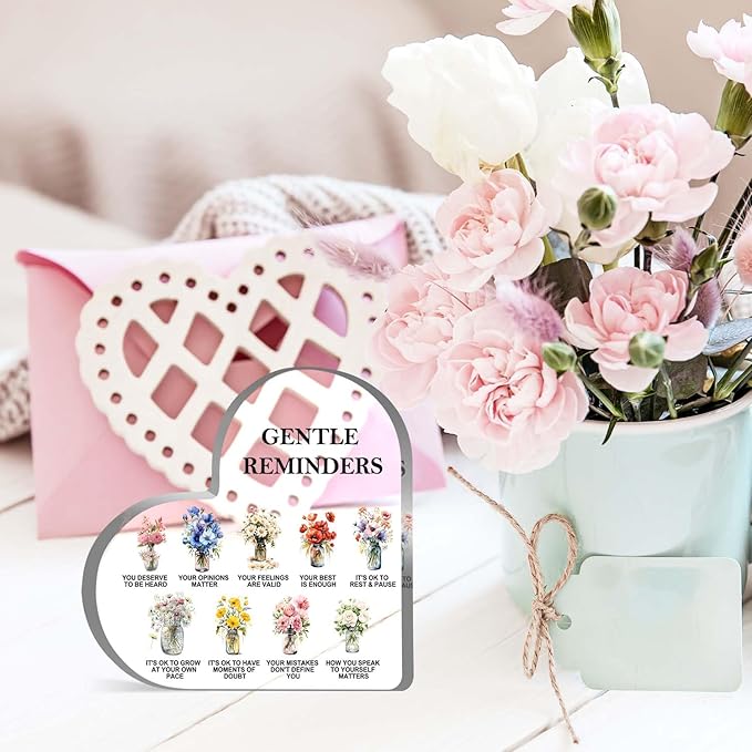 Gentle Reminders Decor, Positive Affirmations Desktop Art Decorations for Home Therapy Office School Counselling Office Mental Health Awareness Gifts, Heart Shape Acrylic Flowers Sign Decor