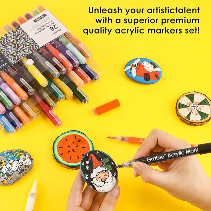 Grabie Acrylic Paint Pens - 28 Color Extra Fine Tip Markers for Painting Various Surfaces - Premium Art Supply Set