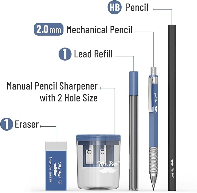 Mr. Pen- Mechanical Pencil Set, 5 pcs, 2.0mm Mechanical Pencil, 2.0mm Lead Refill, HB Pencil, Eraser, Sharpener, Mechanical Drafting Pencil, 2mm Mechanical Pencil for Drawing Mechanical Pencils