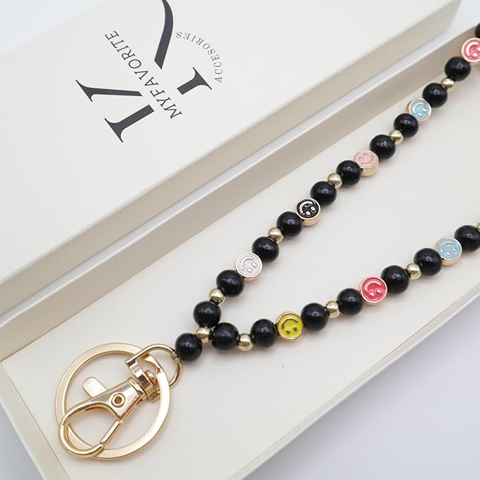 Smile Teacher Lanyard for Women ID Badges and Keychain Cute Happy Wood and Metal Beaded Lanyard Badge Holder