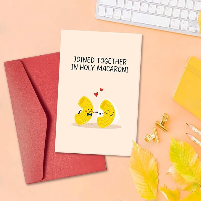 Cute Macaroni Pun Engagement Card, Funny Wedding Card for Bride and Groom, Wedding Gift Card for Newlyweds, Bridal Shower Card for Him Her, Joined Together in Holy Macaroni