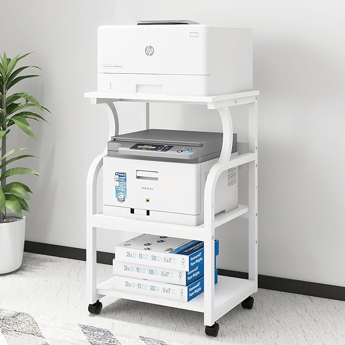 Natwind 3 Tier Printer Stand,Printer Table with Adjustable Storage Shelf, Rolling Printer Cart with Wheels for Home Office Organization,Multifunctional Shelves for Heat Press,3D Printer (White)