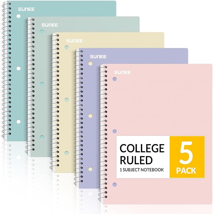 SUNEE Spiral Notebooks, 1-Subject, 5 Pack, College Ruled Paper, 8" x 10-1/2", 70 Sheets per Notebook,3-Hole Punched Paper, Pink,Purple, Blue, Green, Yellow Spiral Lined Notebooks for School,Work