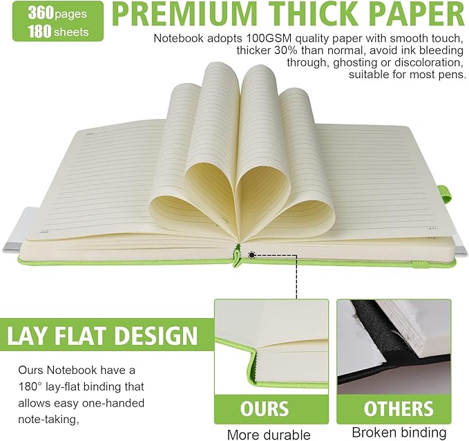 Lined Journal Notebook, 360 Numbered Pages(With page number), Thick Journal for Writing A5 College Ruled Notebook, 100gsm Lined Paper, Leather Hardcover, 5.75'' X 8.38''-1 Pack, Grass Green