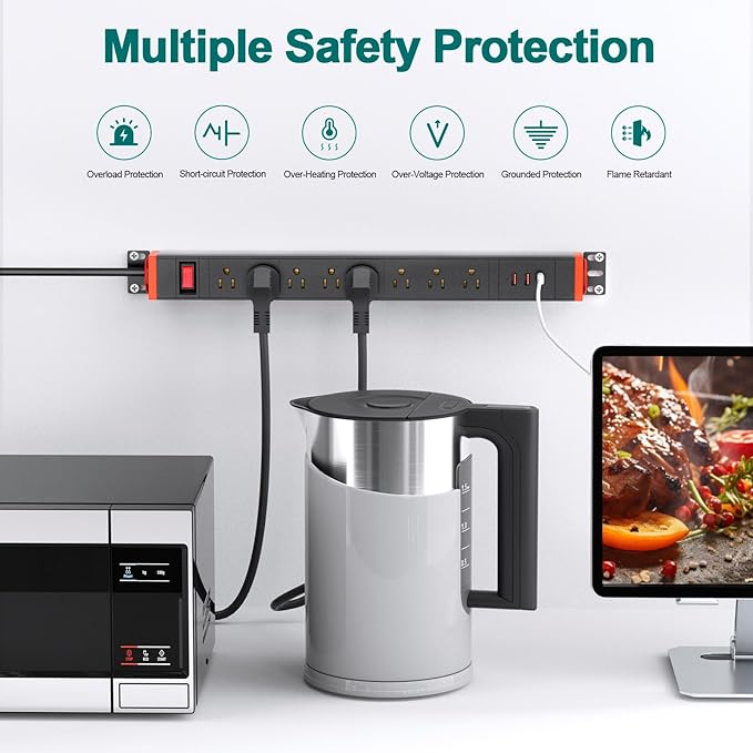 QBA 8 Outlet Heavy Duty Power Strip with USB Ports, Rack Mount Surge Protector with 360° Rotating Brackets, USB C PD 20W, Wall Mount Power Strip for Home Office Garage Workshop