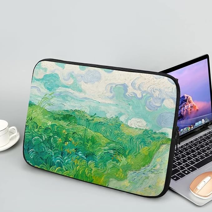 Green Wheat Fields Laptop Sleeve Case for Women Men Trendy Van Gogh Painting Laptop Protector with Multiple Uses Made of Premium Neoprene Material 15 Inch Tablet Bag for Friends