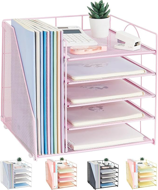 Desk Organizers and Accessories, 5-Tier Paper Letter Tray Organizer with File Holder, Pink Office Decor (Pink)