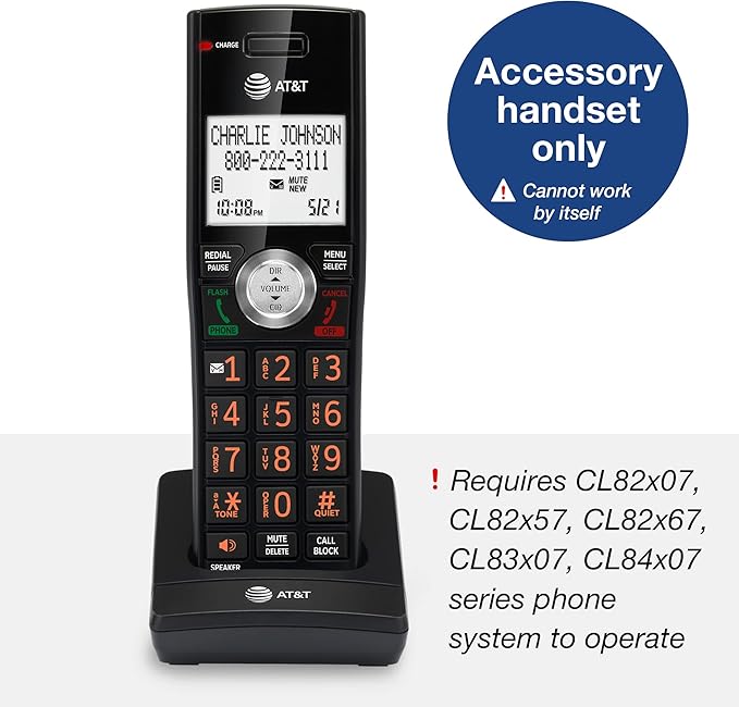 AT&T CL80067 Accessory Handset for CL82x07, CL82x57, CL82x67, CL83x07, CL84x07 Series Cordless Phone for Home with Call Blocking, Caller ID Announcer, Intercom, and Long Range, Black/Wood Grain Finish