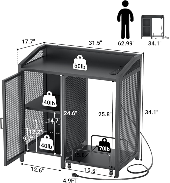 Unikito File Cabinet with Paper Shredder Stand On Wheel, Modern Vertical Filing Cabinet with Socket and USB Charging Port, Large Printer Stand with Adjustable Storage Shelf Rack for Home Office, Black