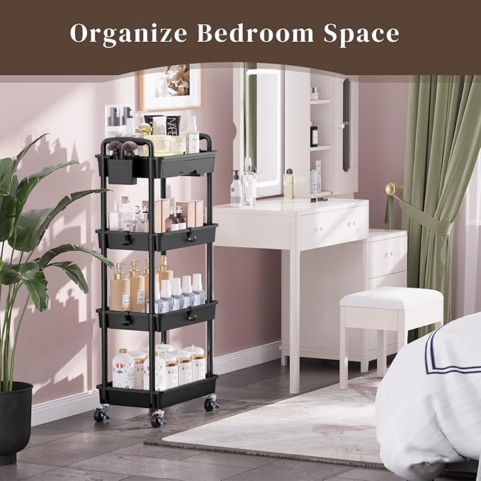 4 Tier Rolling Utility Cart with Drawer, Utility Storage Organizer with Plastic Shelf & Lockable Wheels Multifunctional Storage Cart for Kitchen, Bathroom, Office, Living Room, Black