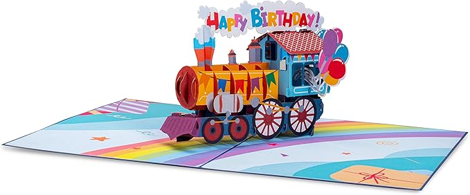 Paper Love Happy Birthday Train, Handmade 3D Pop Up Birthday Card - 5"x7" Cover - Includes Envelope and Note Tag