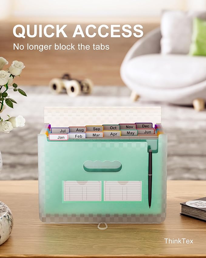 ThinkTex Accordian File Organizer, 12 Pockets Expanding File Folders, Portable Monthly Bill Receipt Organizer, Colorful Tabs, Letter/A4 Size - Green