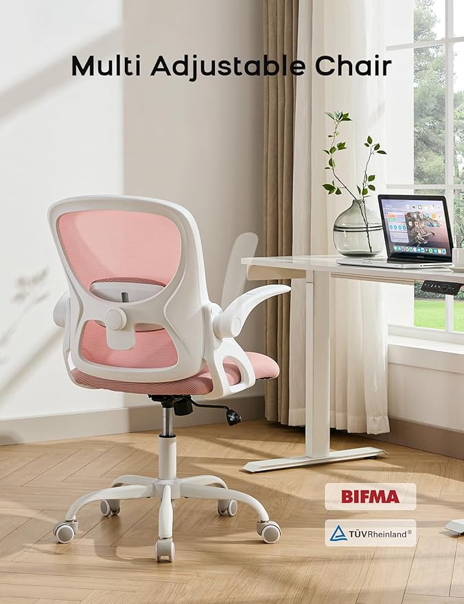 Mesh Office Chair Ergonomic Desk Chair with Up&Down Front&Rear 2 Dimensions Adjustable Lumbar Support and Flip-up Arm Rocking Comfy Swivel Computer Task Chair for Home Office(White-Pink)