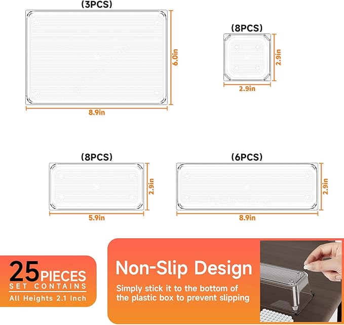 25 pc Clear Plastic Drawer Organizer Set,4 Size Small Storage Containers for Organizing Jewelry,Utensil,Junk,Tea,Makeup,Shallow Drawer Organizers Tray Suitable for Office,Desk,Bathroom,Vanity,Kitchen