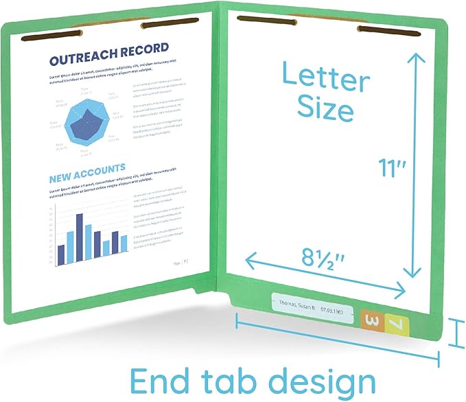 50 Green End Tab Fastener File Folders - Reinforced Straight Cut Tab - Durable 2 Prongs Designed to Organize Standard Medical Files, Receipts, Office Reports, and More - Letter Size, Green, 50 Pack