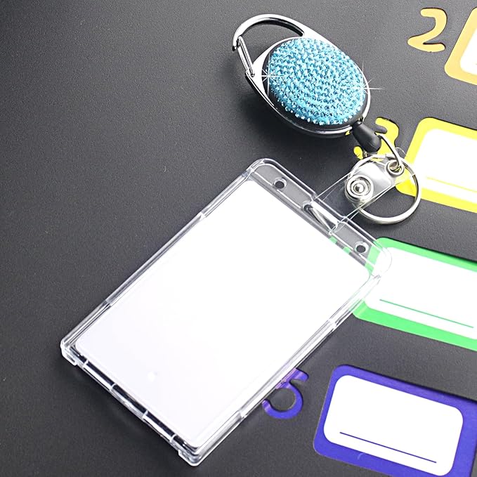 VIQWYIC Retractable ID Badge Holder with Clip, ID Name Badge Reels with Bling Rhinestones Retractable Card Holder for Office Worker Teacher Doctor Nurse (Blue)