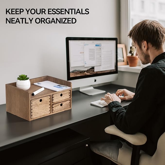 KIRIGEN Desk Organizer with 3 Drawers - Wood Drawer Storage Box with Trays for Tabletop - Workspace Office Toiletries Supplies Tool Caddy - Wooden Storage Cabinet1 Layer Dark Brown（DT1D3C-DBR）