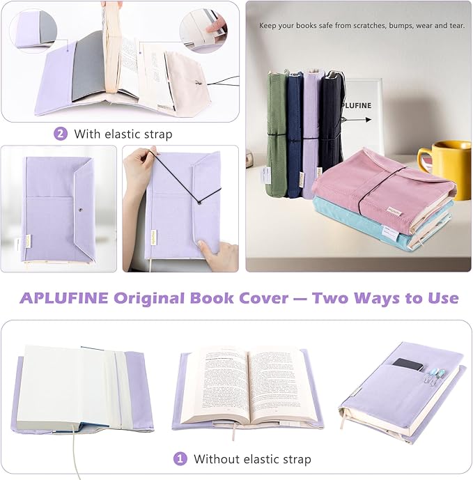 Canvas Book Covers, Washable Book Protector, Book Cover for Paperback Novels, Adjustable Book Cover for Hardcover with Pockets for Pen, Soft Cover Books, Book Lovers Gifts