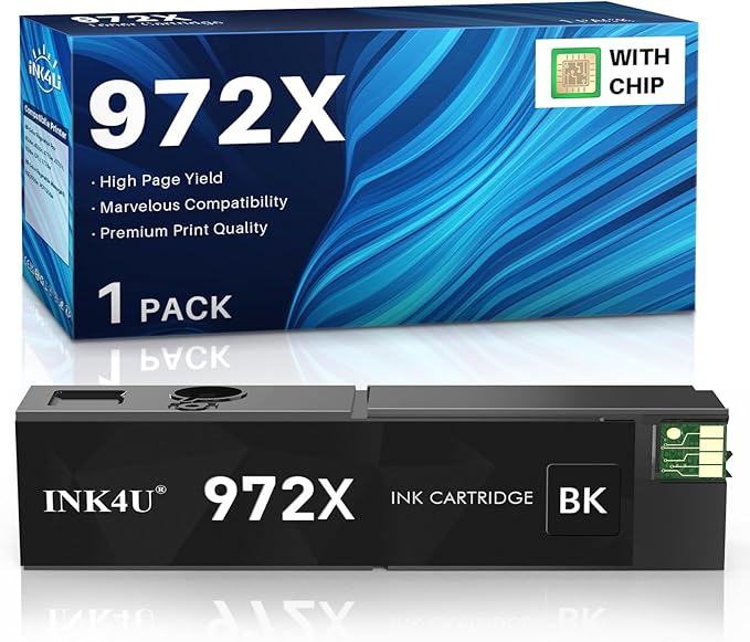 INK4U 972X Ink Cartridges Black High Yield Replacement for 972X 972A 972 Black Ink Cartridges for Color PageWide Pro 477dw Ink Cartridges 477dn 577dw 452dw 452dn 577z 552dw P55250dw Printer (1 Pack)