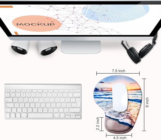 JIKIOU Mouse Pad, 2 Pack Ergonomic Mouse Pads with Comfortable Gel Wrist Rest Support and Lycra Cloth, Non-Slip PU Base for Easy Typing Pain Relief Durable and Easy to Clean Small Beach